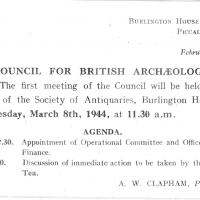 Image of an invitation to the first meeting of the Council for British Archaeology at 1pm on the 8th of March 1944 in Burlington House, Picadilly